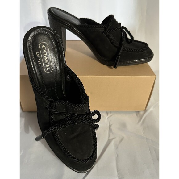Coach Jenn Mules Black Suede Corded Braid Heels Size 8.5 - Picture 1 of 10